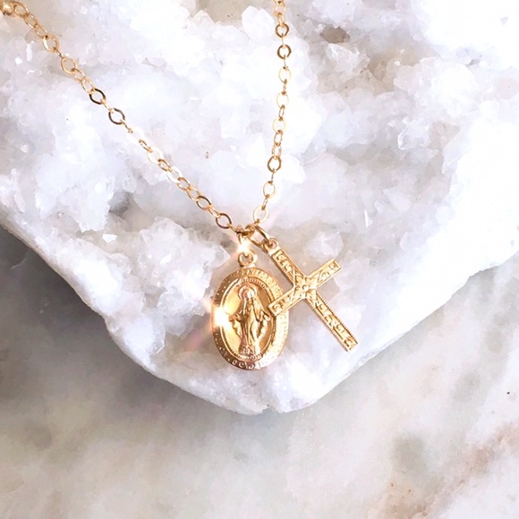 14k GF Miraculous Mary Cross Necklace - Picture 2 of 7